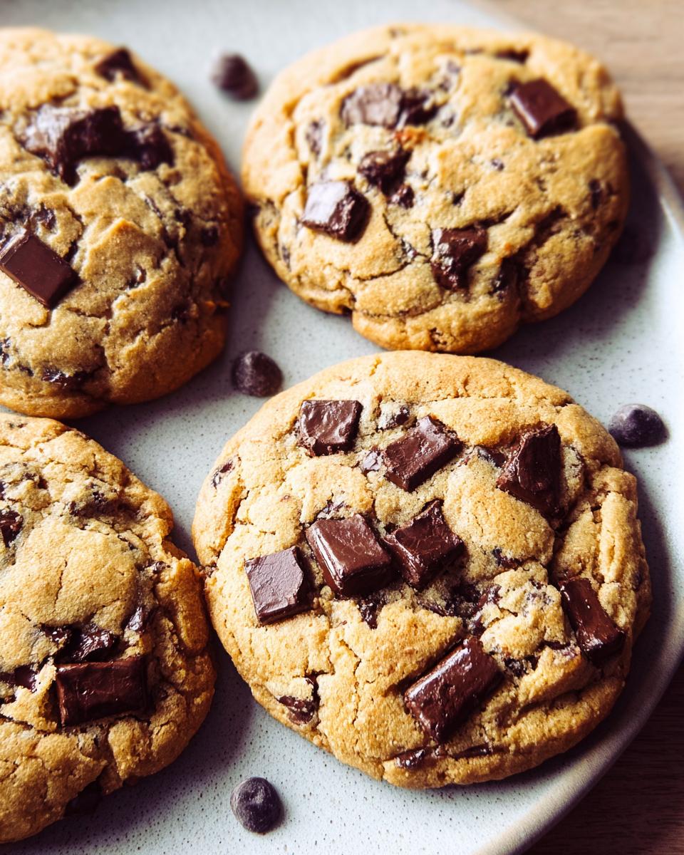 Close-up of freshly baked chocolate chip cookies recipe, loaded with chunks of dark chocolate.