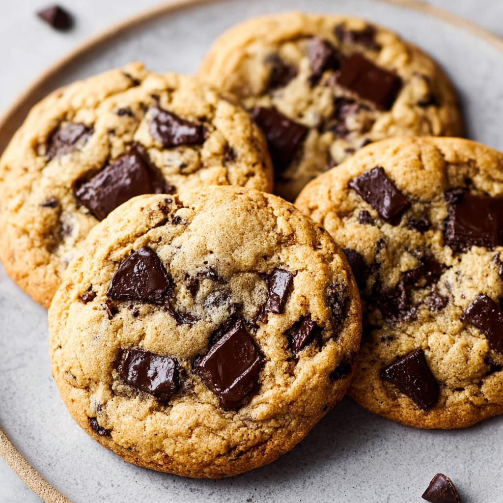 Close-up of four freshly baked chocolate chip cookies with generous chunks of dark chocolate.