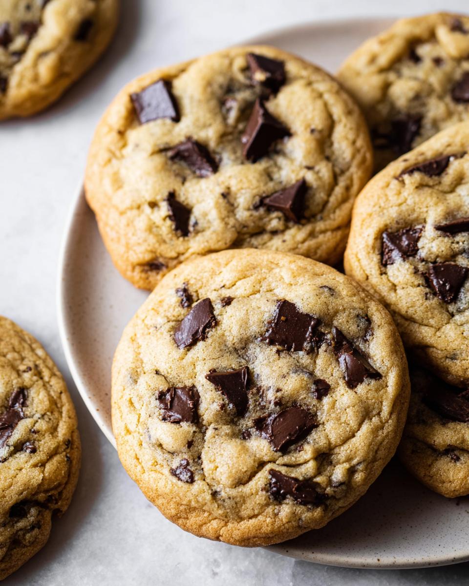 Close-up of freshly baked chocolate chip cookies recipe, loaded with dark chocolate chunks on a plate.