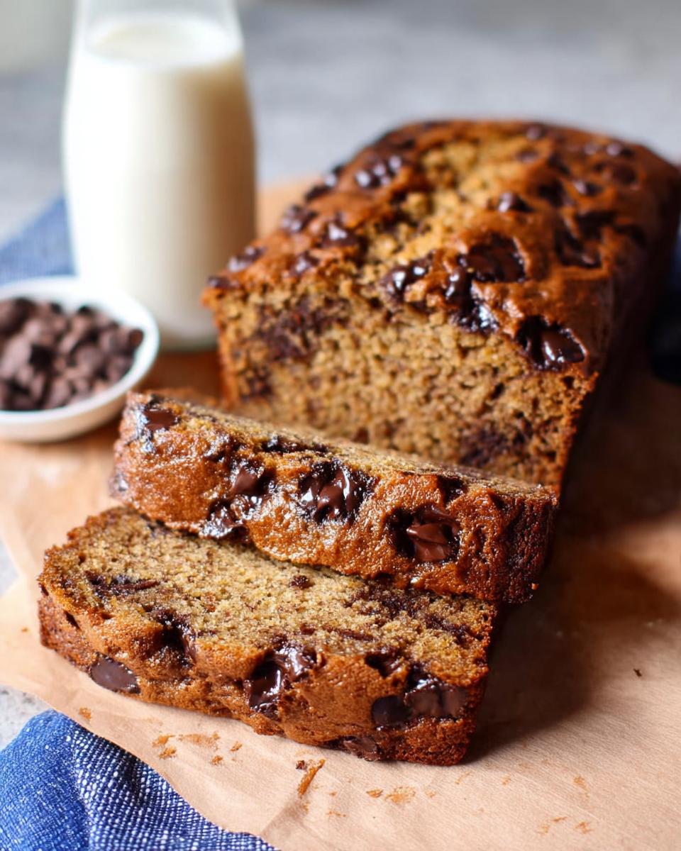 Two slices of moist Healthy Banana Bread (Whole Wheat) loaded with melted chocolate chips.