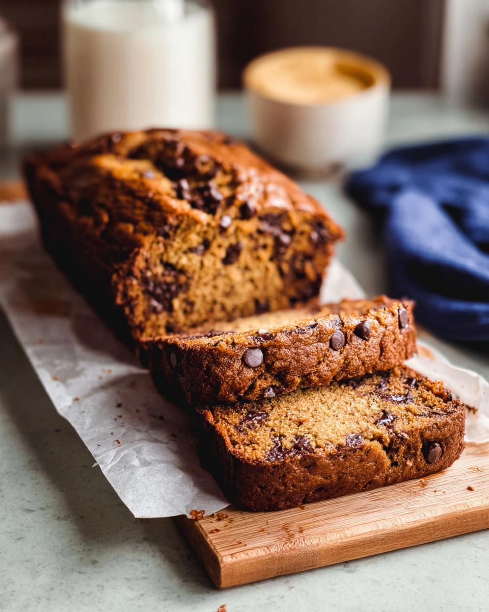 Slices of moist, chocolate chip Healthy Banana Bread (Whole Wheat) on a wooden cutting board.
