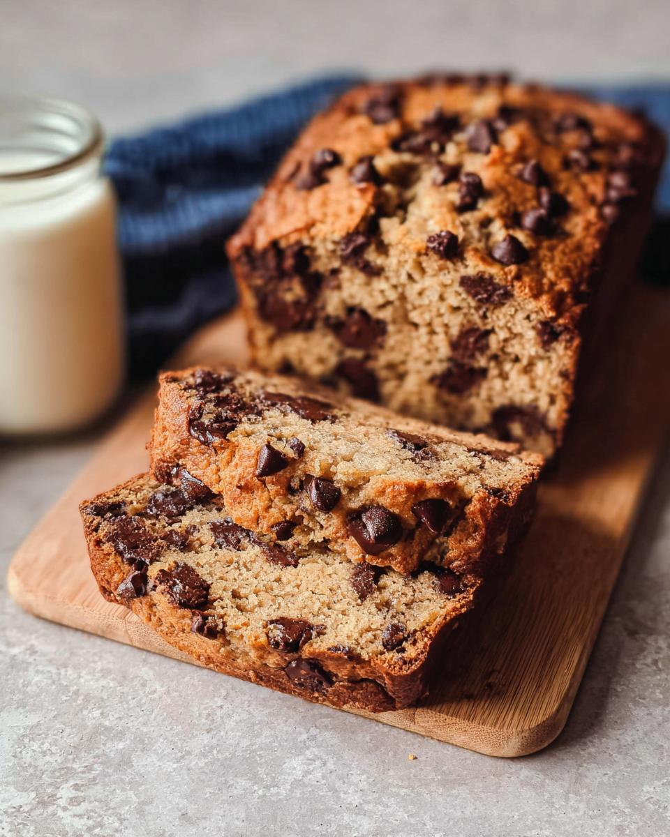 Slices of moist Healthy Banana Bread (Whole Wheat) loaded with chocolate chips on a wooden board.