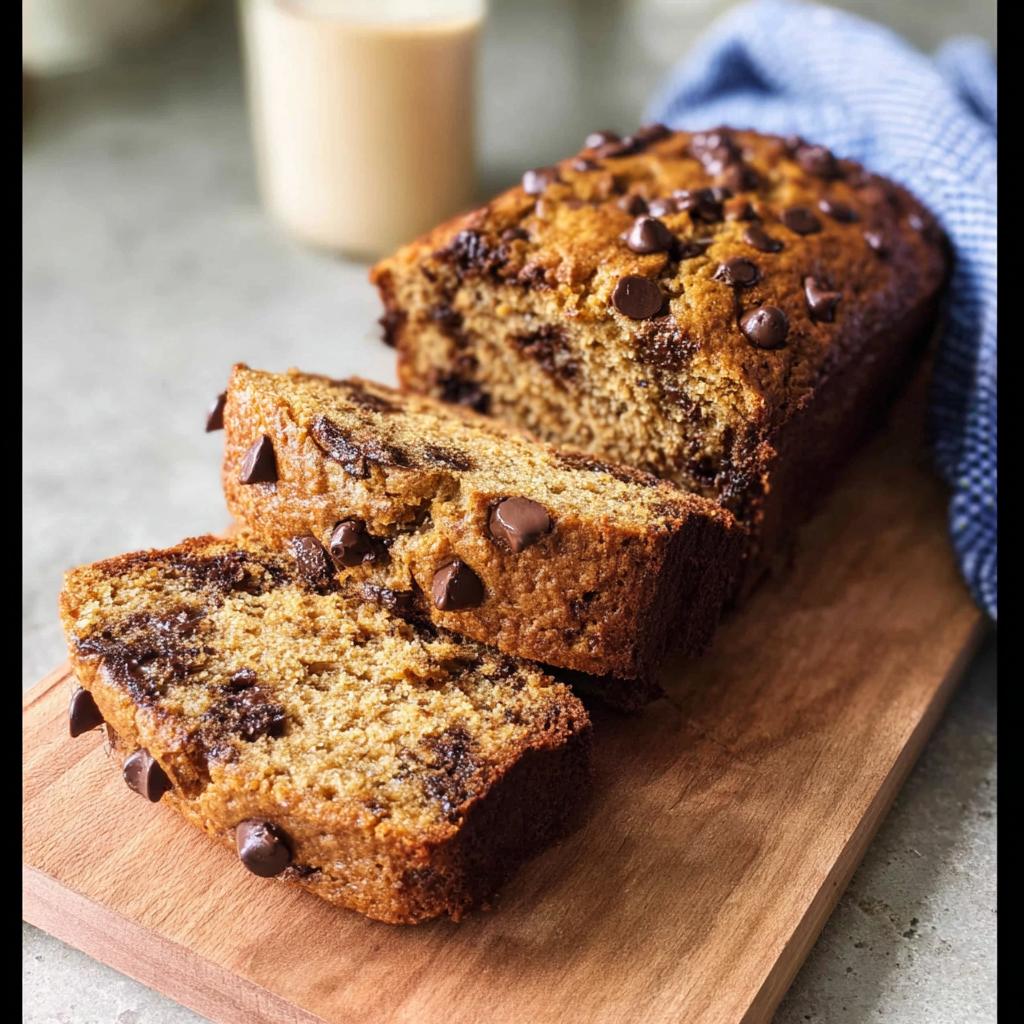 Slices of moist Healthy Banana Bread (Whole Wheat) loaded with chocolate chips on a wooden board.