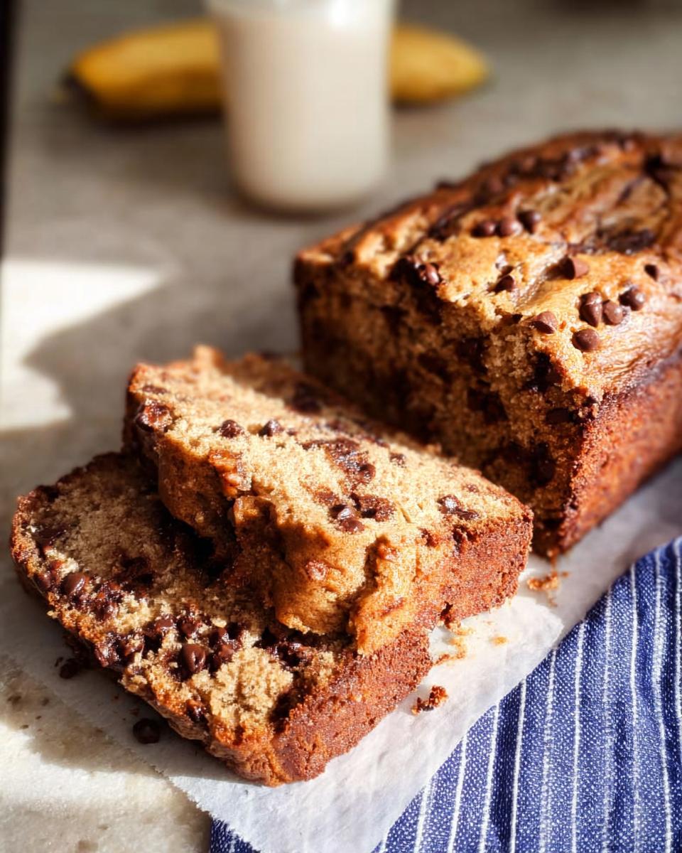 Two slices of chocolate chip Healthy Banana Bread (Whole Wheat) next to the loaf, with milk in the background.