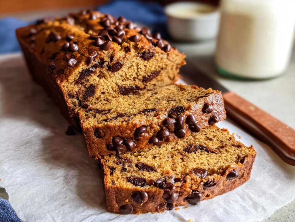A sliced loaf of moist Healthy Banana Bread (Whole Wheat) studded with chocolate chips, resting on parchment paper.