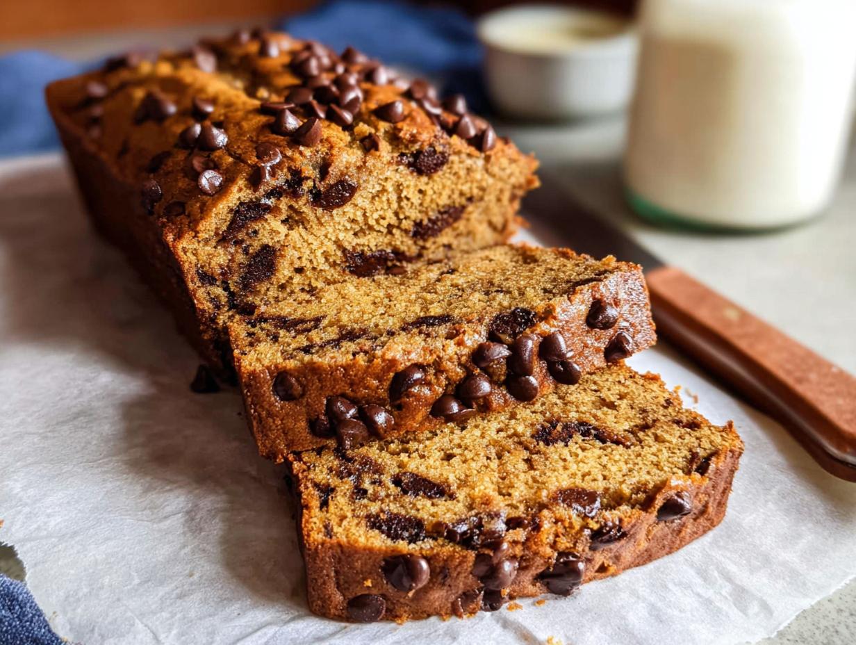 A sliced loaf of moist Healthy Banana Bread (Whole Wheat) studded with chocolate chips, resting on parchment paper.