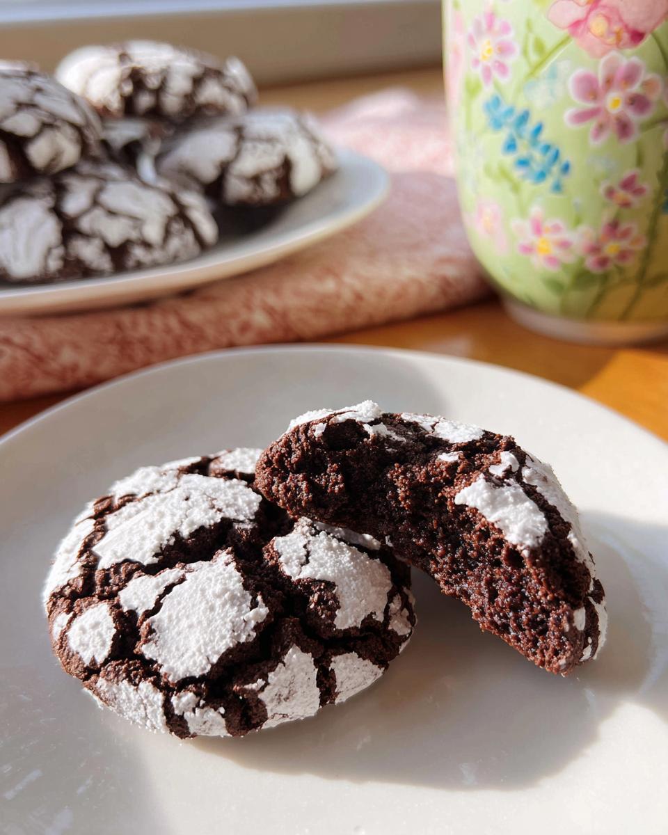Two Chocolate Crinkle Cookies on a white plate, one broken in half showing the fudgy interior.