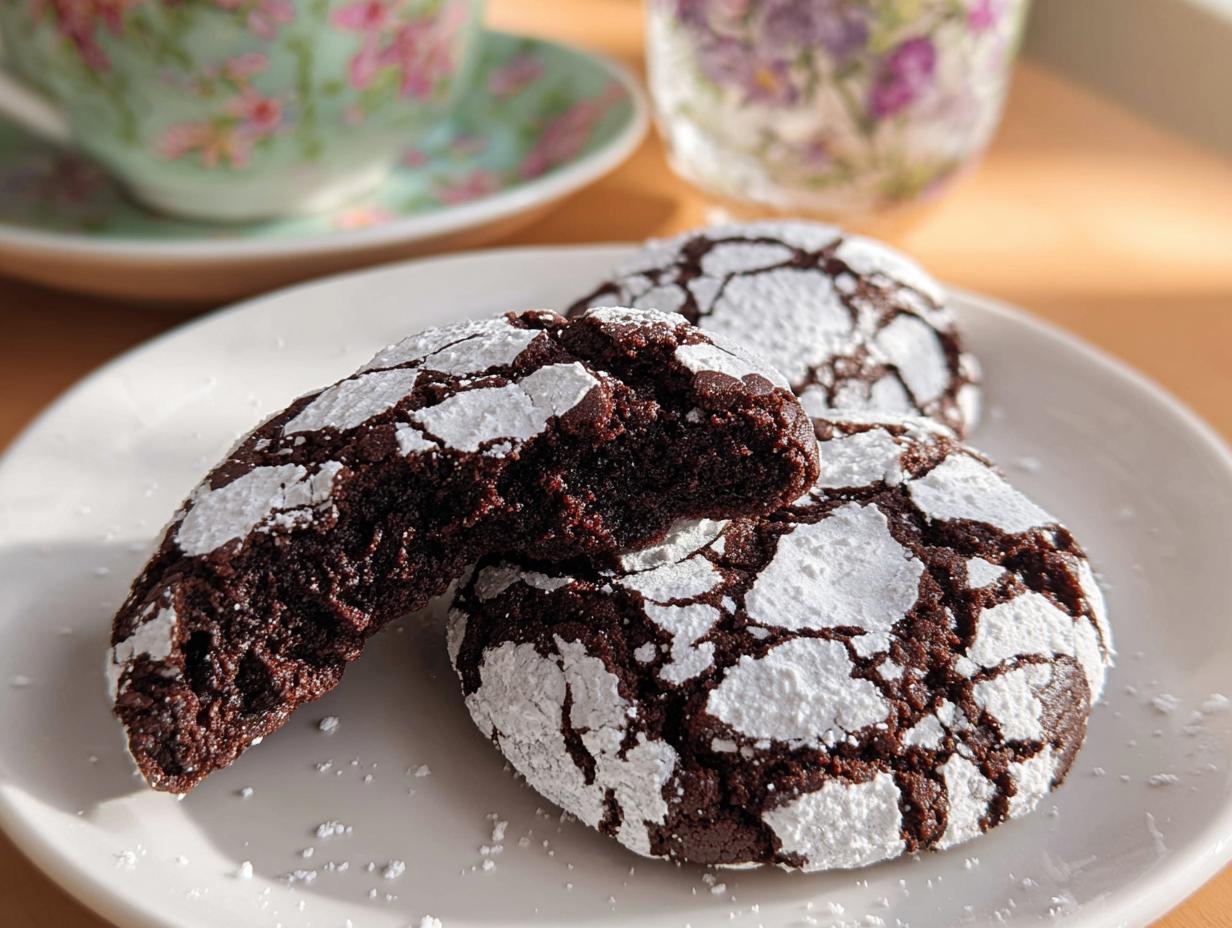 Close-up of rich, dark Chocolate Crinkle Cookies dusted heavily with white powdered sugar on a white plate.
