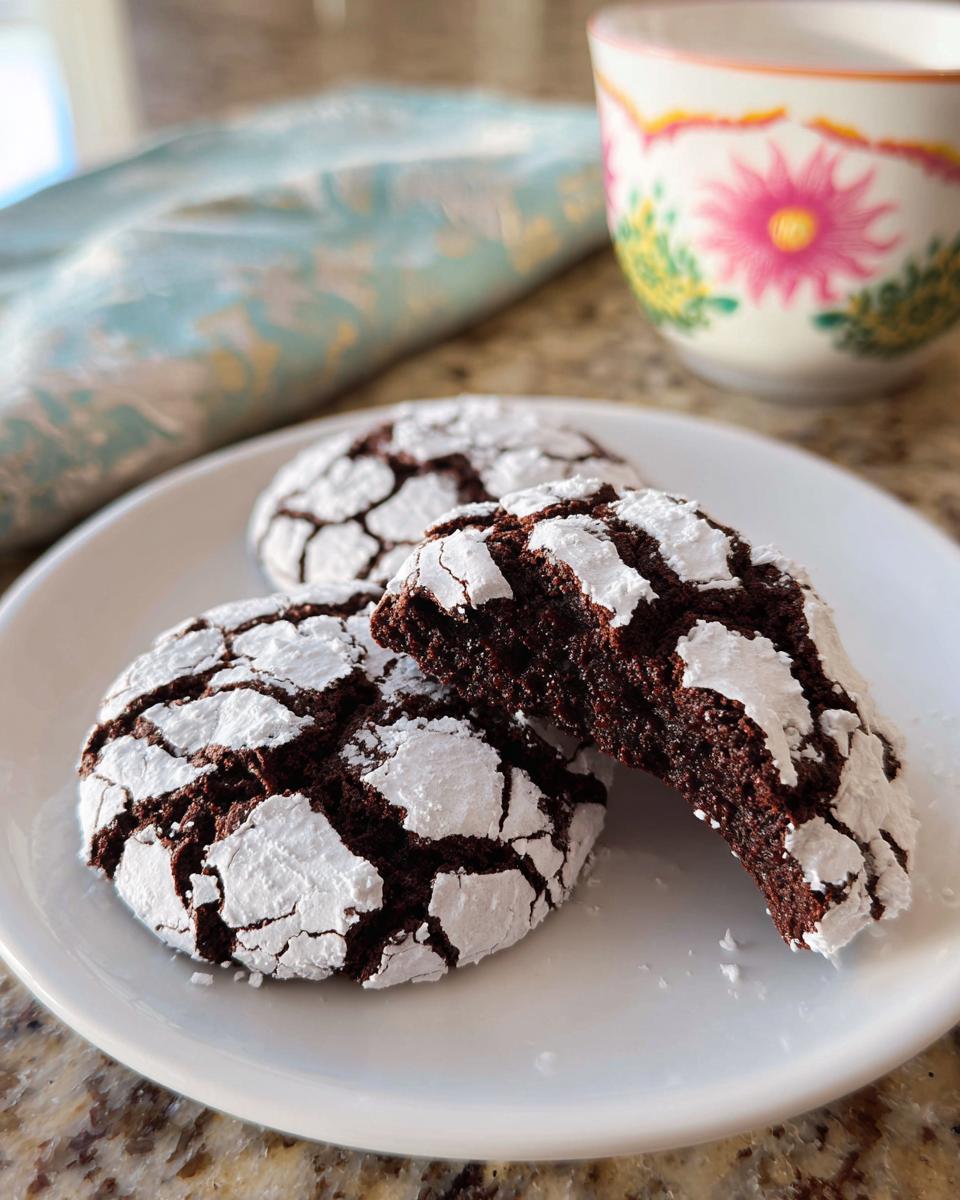 Three rich, dark Chocolate Crinkle Cookies dusted heavily with powdered sugar, one broken open to show the fudgy interior.
