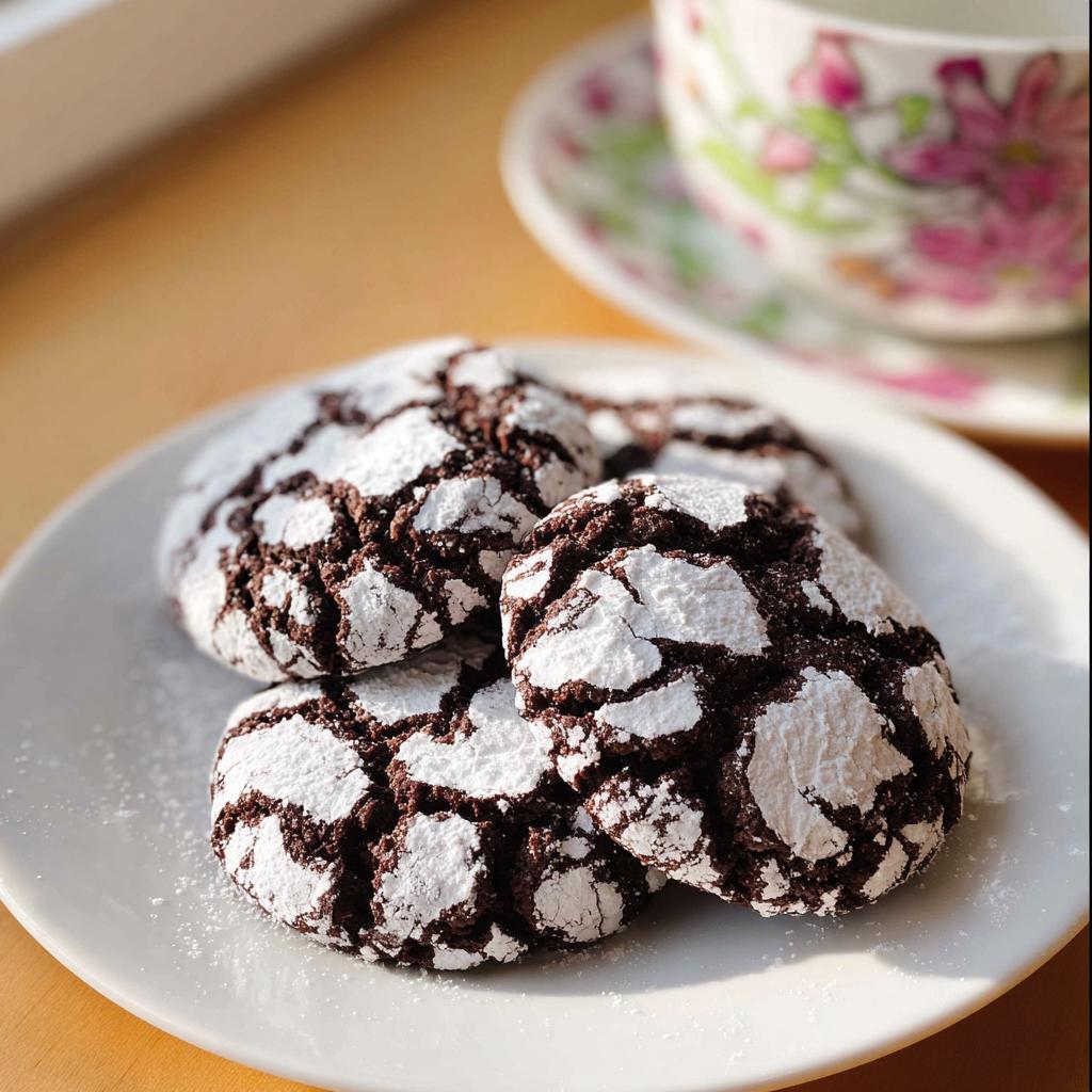 Four rich, dark Chocolate Crinkle Cookies dusted heavily with powdered sugar on a white plate.
