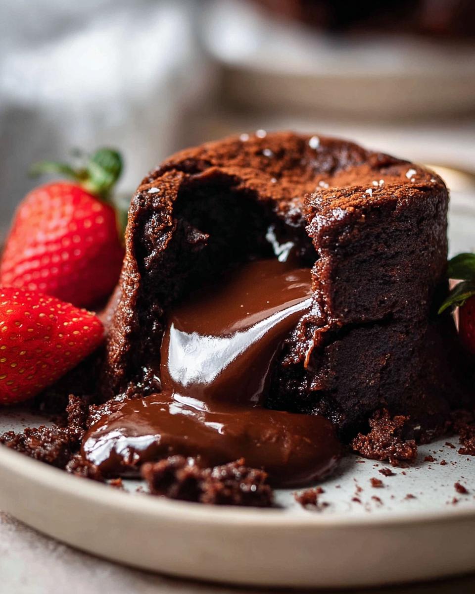 Close-up of a rich Chocolate Lava Cake with warm, gooey chocolate flowing out, served with fresh strawberries.