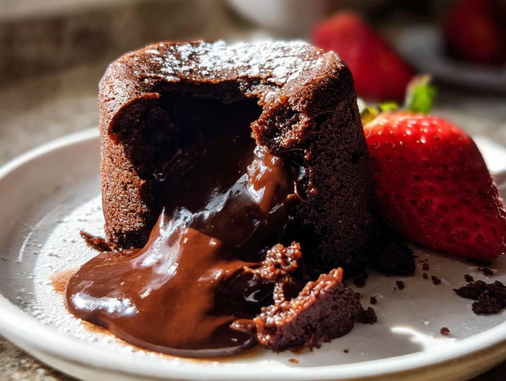 A rich Chocolate Lava Cake with a gooey molten center, dusted with powdered sugar and served with fresh strawberries.