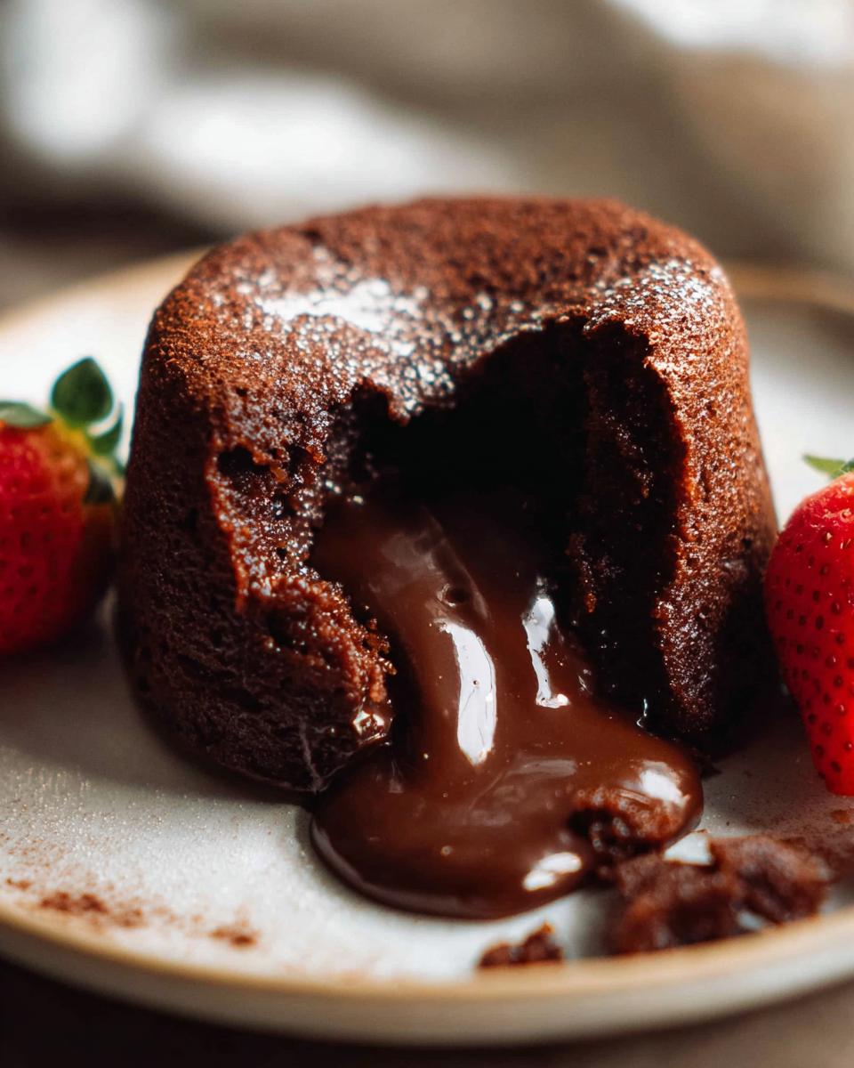 A decadent Chocolate Lava Cake with molten chocolate oozing out, dusted with powdered sugar and served with fresh strawberries.