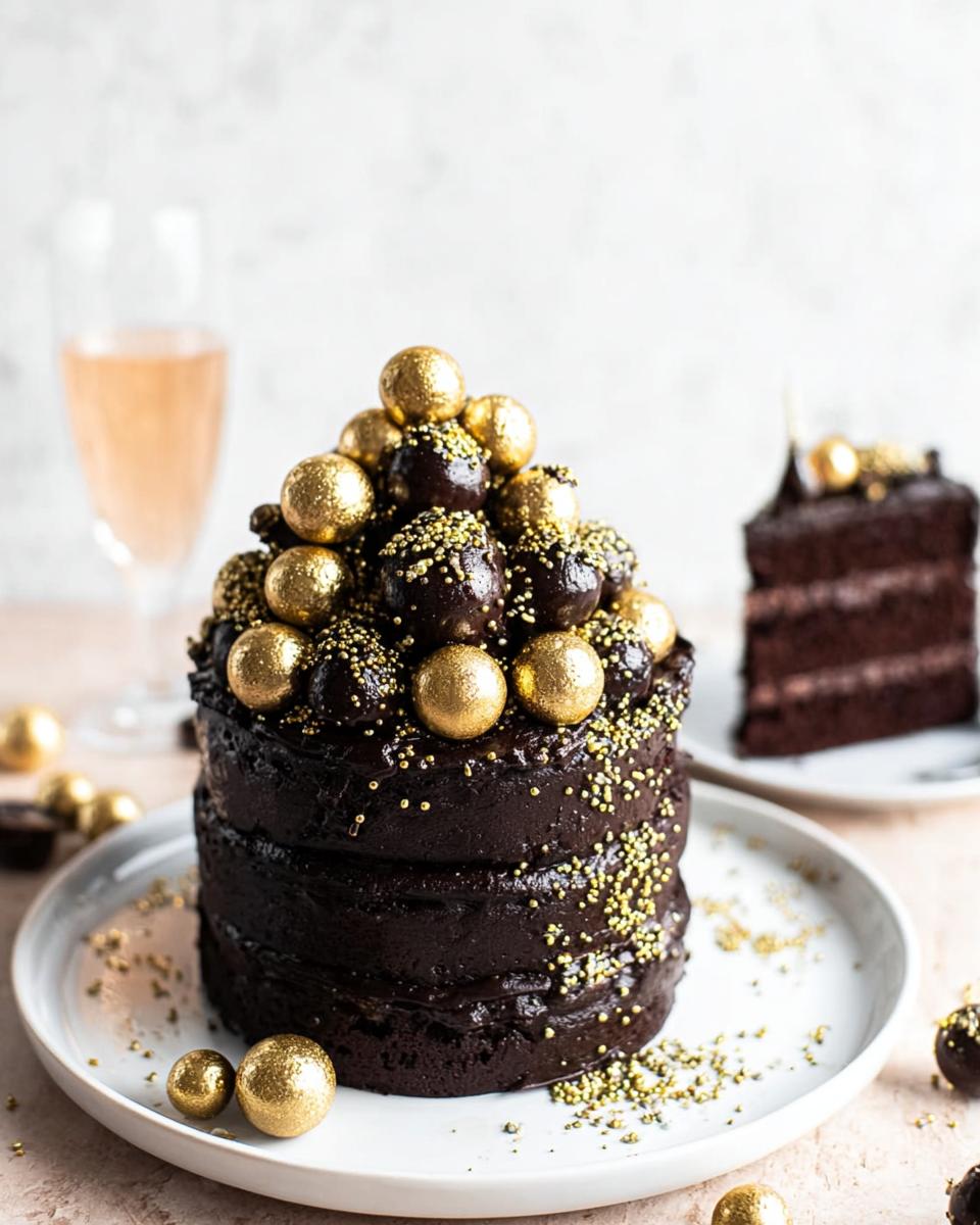A rich, dark chocolate New Year’s Eve cake topped with gold edible balls and sprinkles.