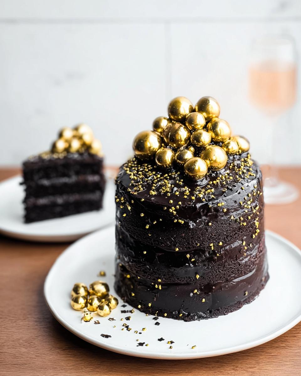 A small, tall, dark chocolate layer cake decorated with gold sprinkles and large gold edible spheres, perfect for New Year’s Eve Cakes.