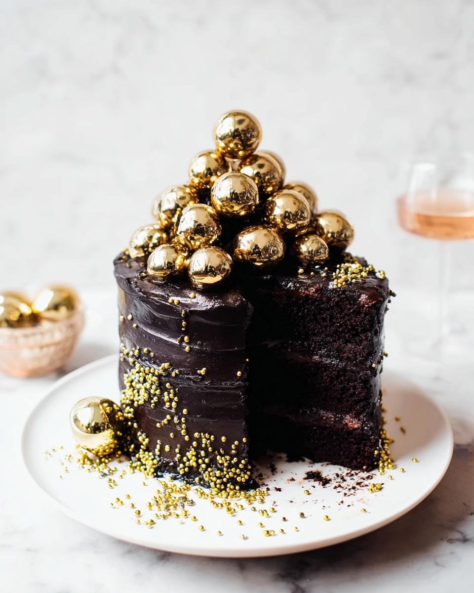 A rich, dark chocolate layer cake decorated with gold sprinkles and topped with shiny gold edible balls, perfect for New Year’s Eve Cakes.