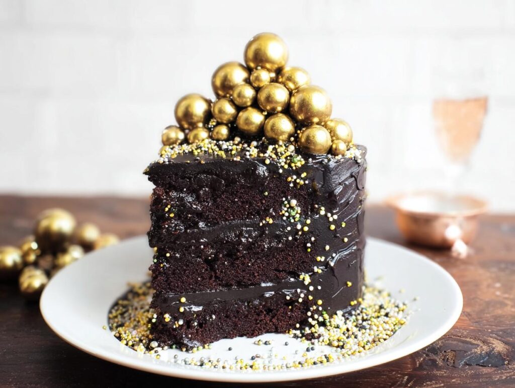 A slice of rich chocolate cake with dark ganache, topped with gold edible spheres, perfect for New Year’s Eve Cakes.