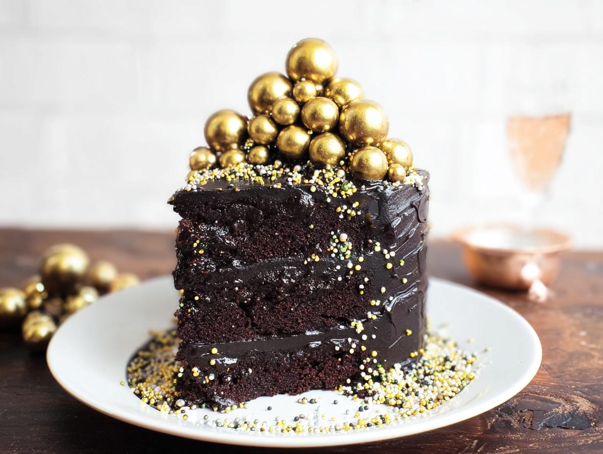 A slice of rich chocolate cake with dark ganache, topped with gold edible spheres, perfect for New Year’s Eve Cakes.