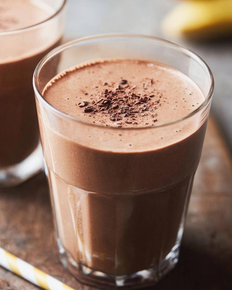 Close-up of a creamy Chocolate Peanut Butter Smoothie topped with dark chocolate shavings in a clear glass.