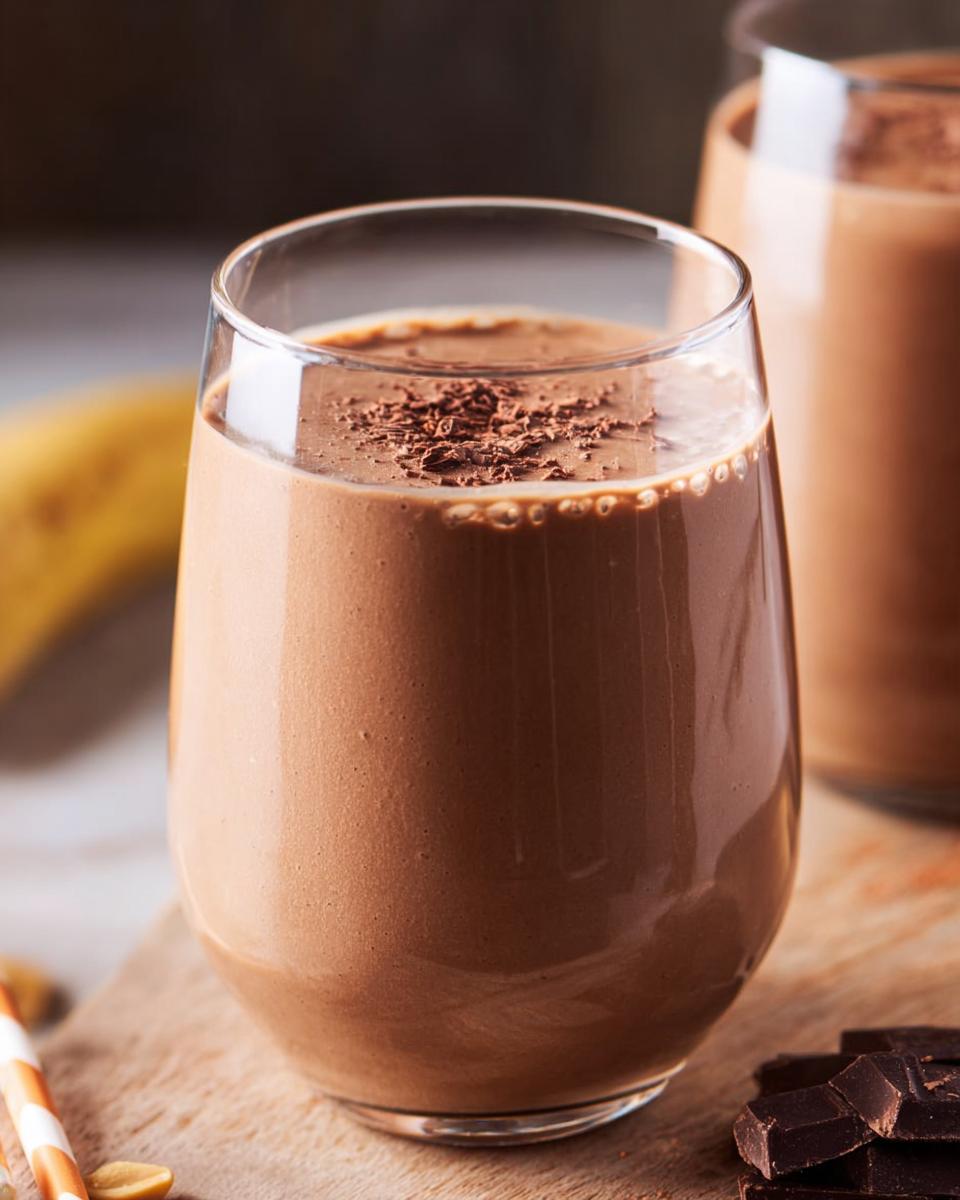 Close-up of a thick Chocolate Peanut Butter Smoothie topped with chocolate shavings.