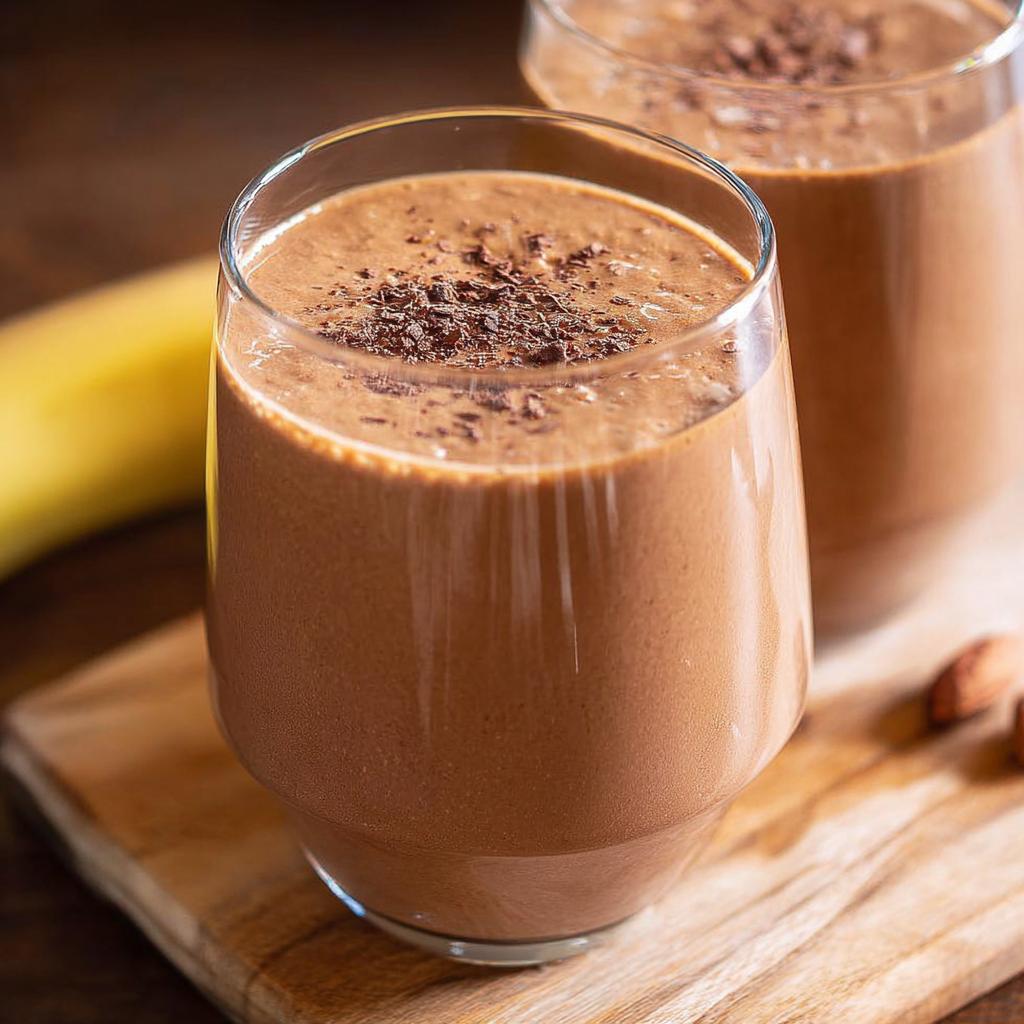 Close-up of a rich Chocolate Peanut Butter Smoothie topped with chocolate shavings, with a banana visible in the background.
