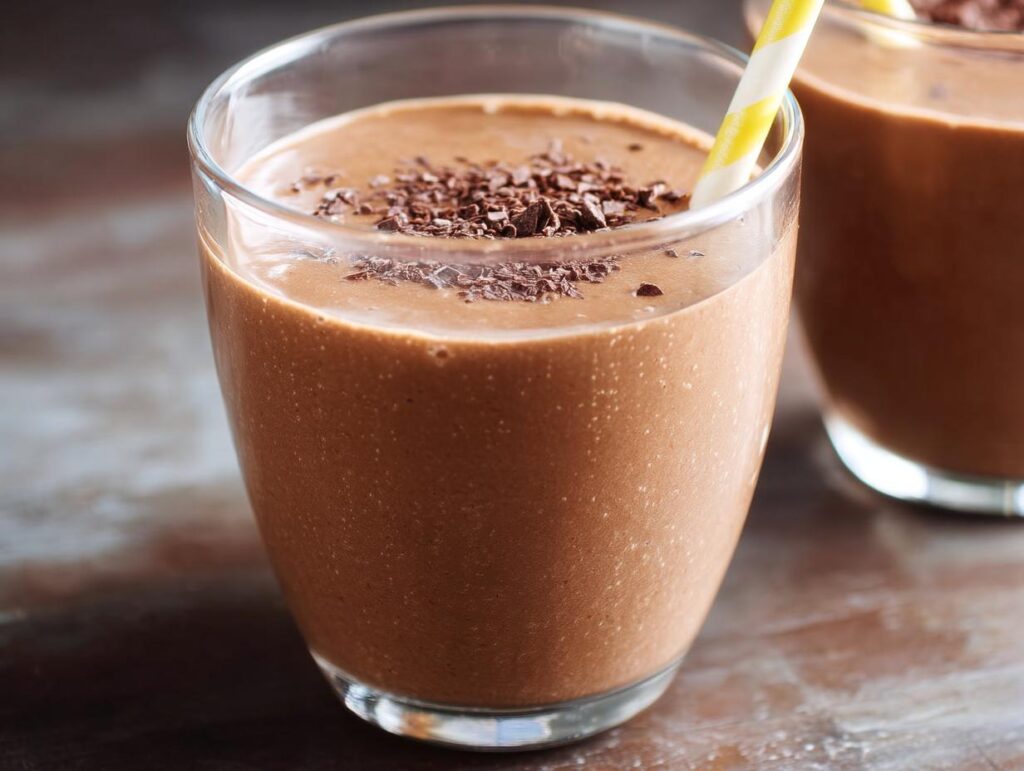 Close-up of a thick Chocolate Peanut Butter Smoothie topped with chocolate shavings and a yellow straw.