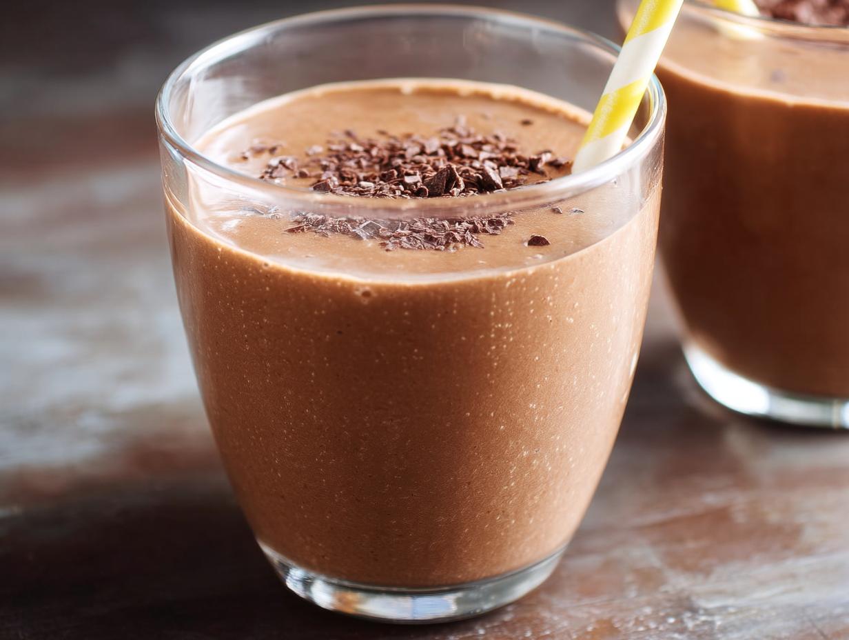 Close-up of a thick Chocolate Peanut Butter Smoothie topped with chocolate shavings and a yellow straw.