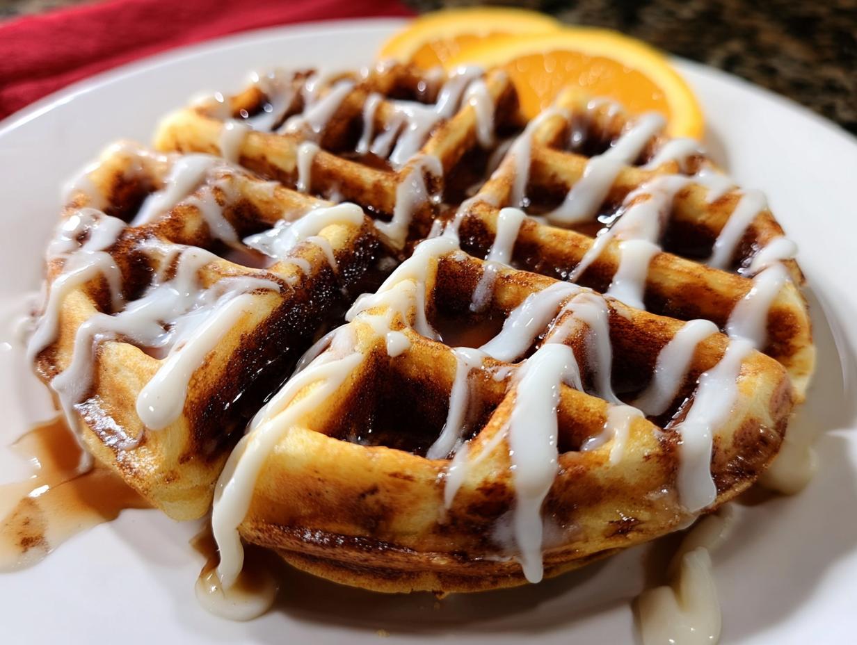 A close-up of a golden brown Cinnamon Roll Waffles drizzled generously with white cream cheese icing.