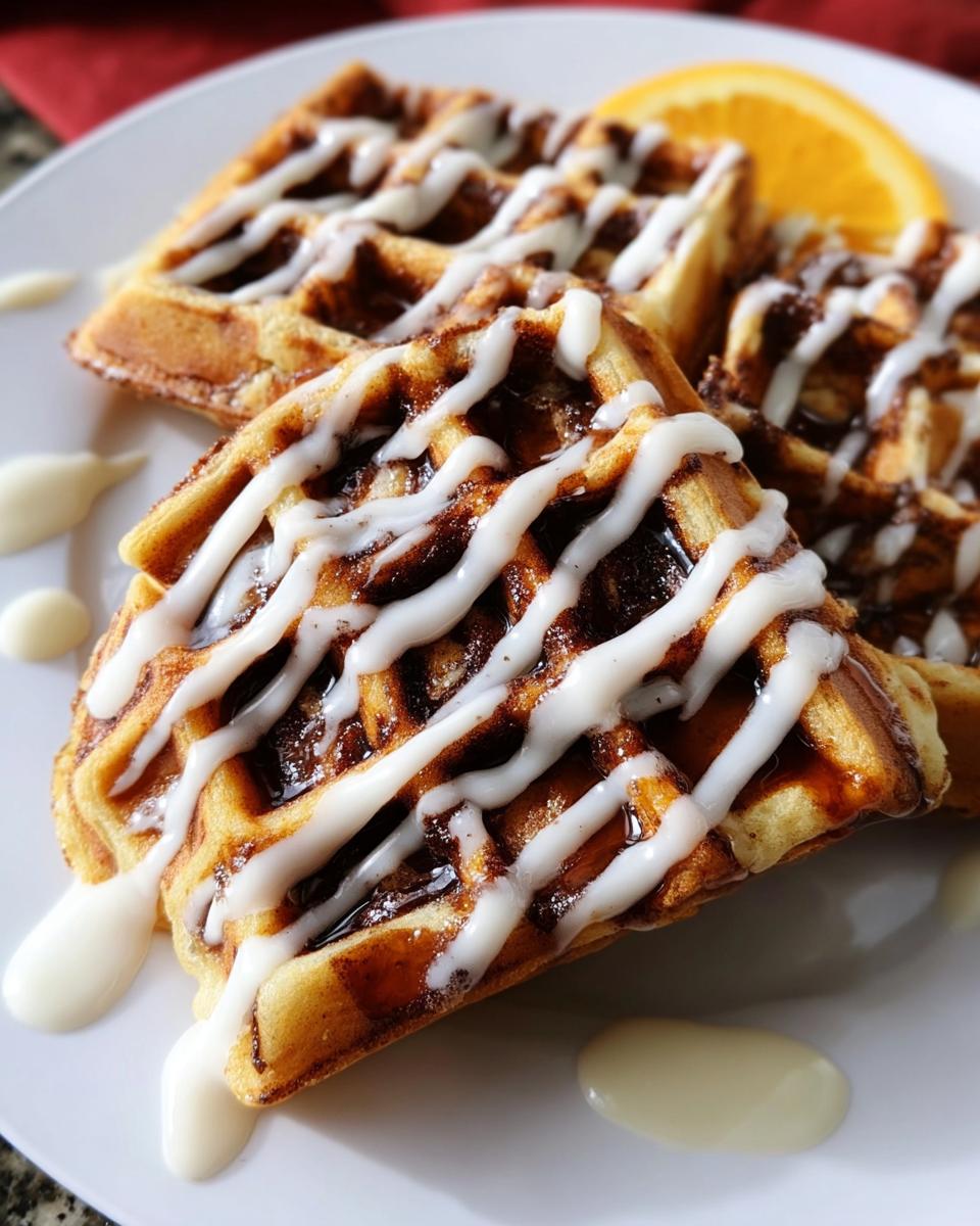 Close-up of warm Cinnamon Roll Waffles topped with thick white icing drizzle and a slice of orange.