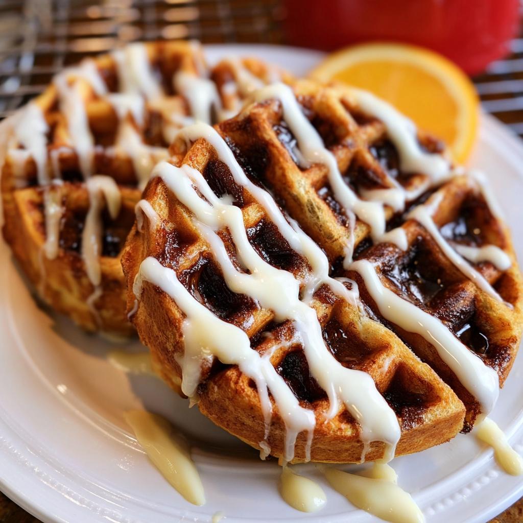 Two golden Cinnamon Roll Waffles topped with thick white icing drizzle on a white plate.