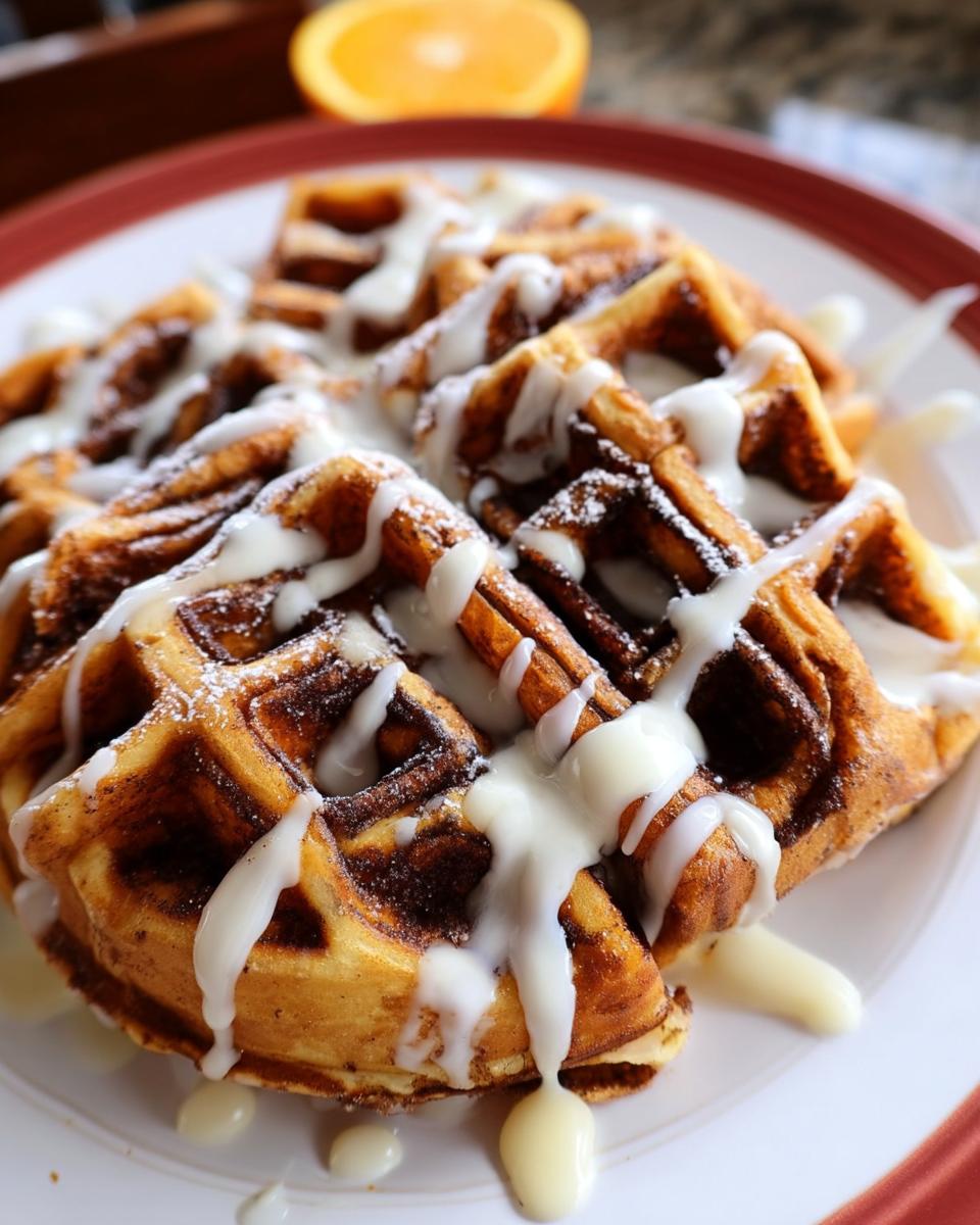 Close-up of golden Cinnamon Roll Waffles drizzled generously with white cream cheese icing.