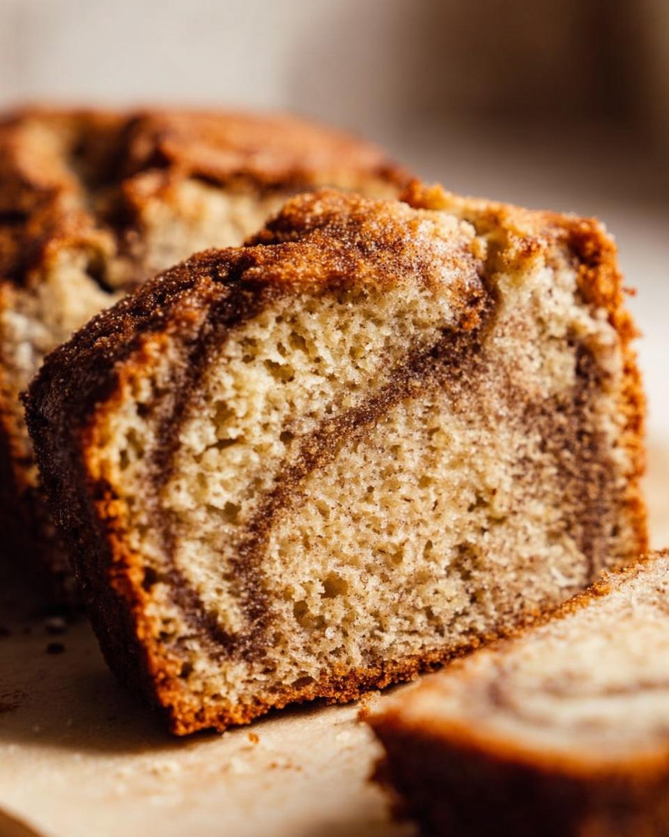 A close-up view showing the moist crumb and rich cinnamon swirl inside a slice of Cinnamon Swirl Banana Bread.