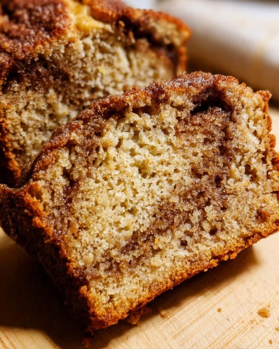 Close-up of a moist slice showing the interior texture and rich cinnamon swirl in the Cinnamon Swirl Banana Bread.
