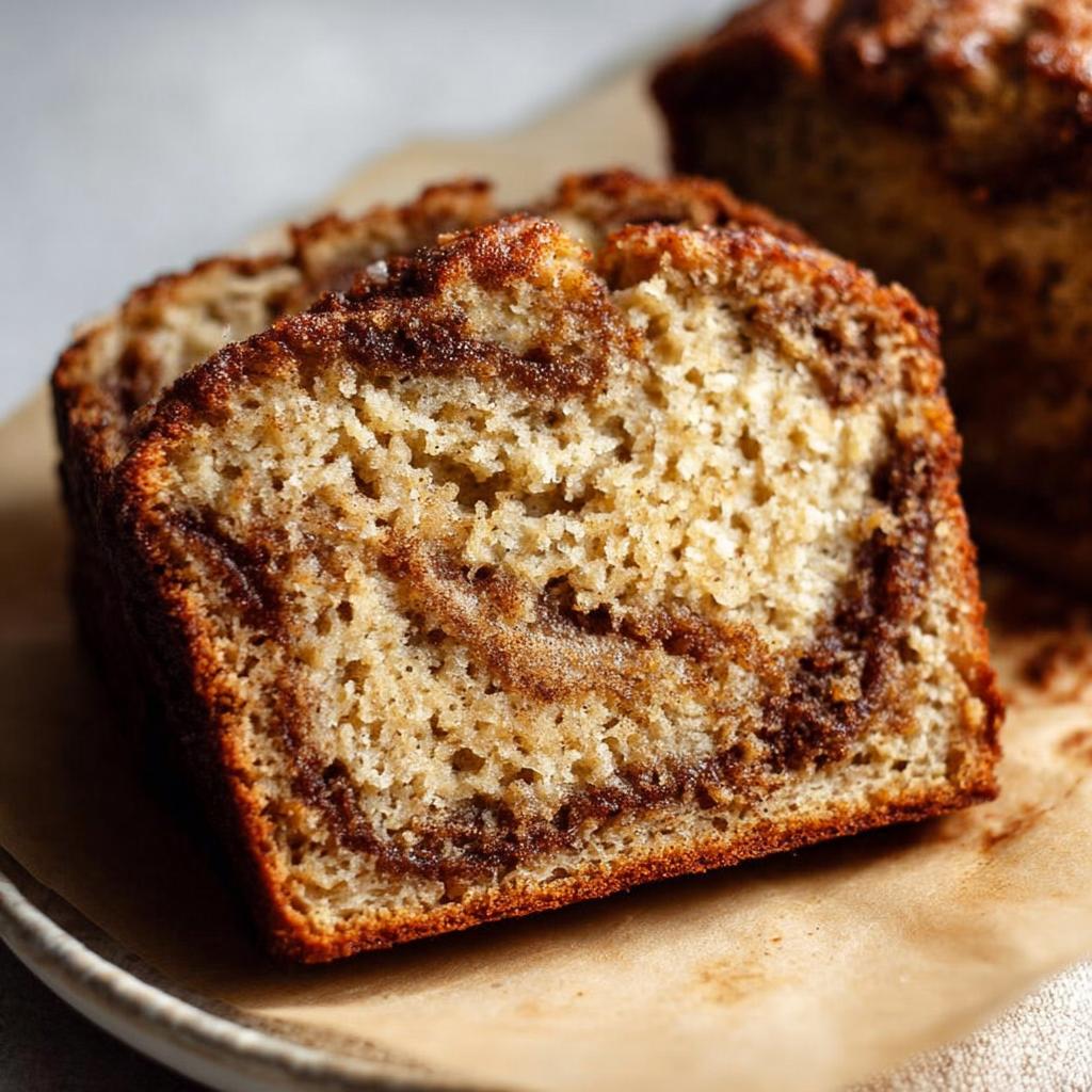 Close-up of a moist slice of Cinnamon Swirl Banana Bread showing the rich brown cinnamon swirl texture.