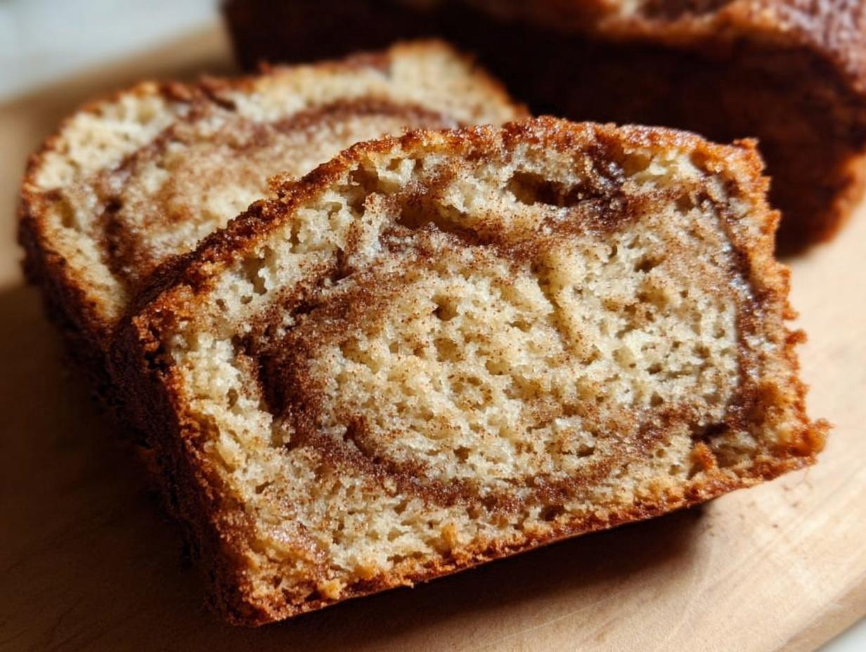 Close-up of two thick slices of Cinnamon Swirl Banana Bread showing the moist crumb and rich cinnamon swirl.