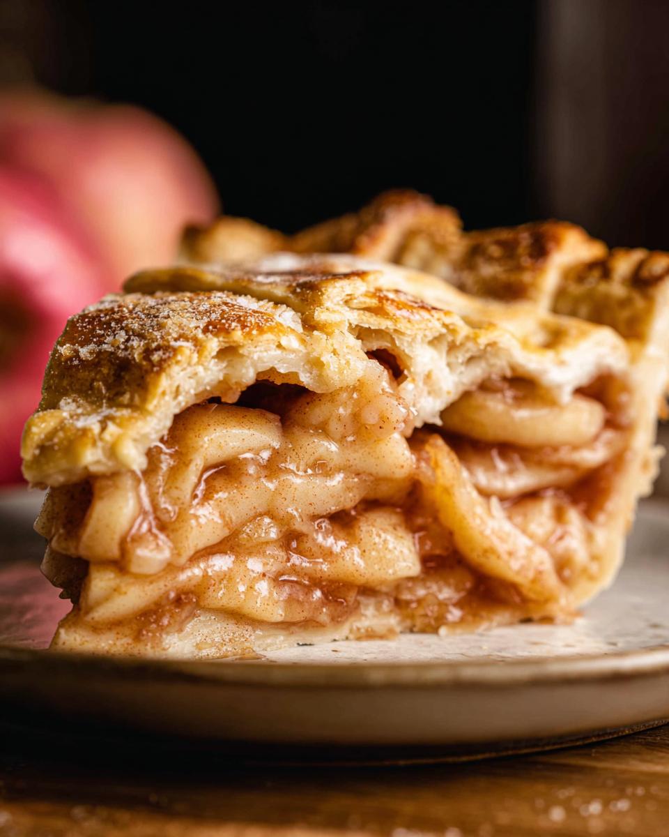 A close-up of a slice of Classic Apple Pie, showing layers of tender apples coated in cinnamon and a flaky golden crust.
