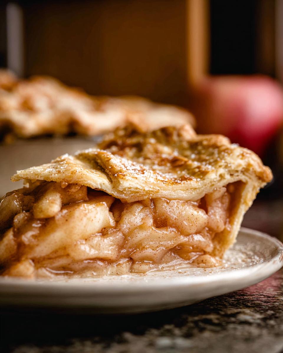 A close-up of a generous slice of Classic Apple Pie, showcasing tender apple filling and a flaky crust dusted with cinnamon and powdered sugar.