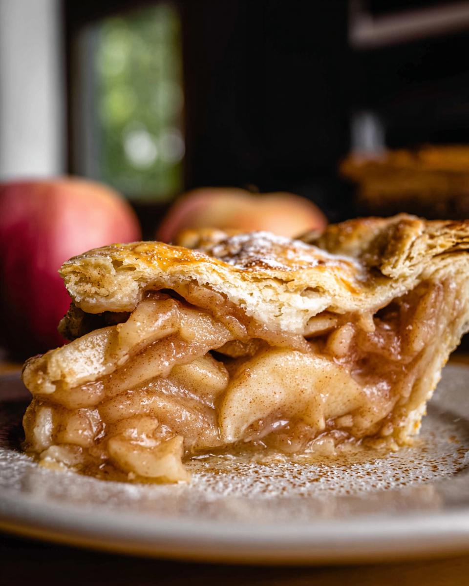 A close-up of a slice of Classic Apple Pie, showing tender baked apples and a golden, flaky crust dusted with powdered sugar.
