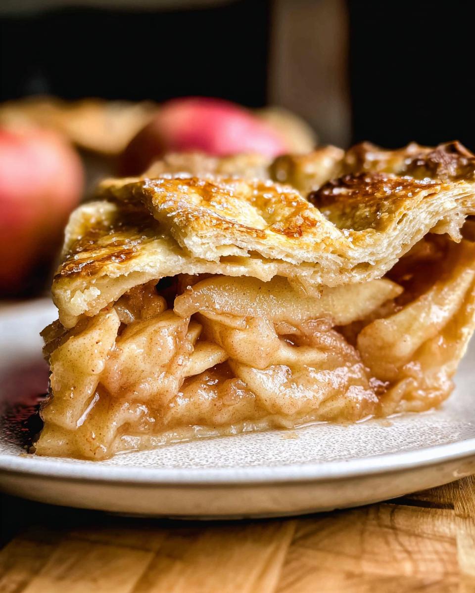 Close-up of a slice of Classic Apple Pie, showing tender apple filling and a flaky lattice crust sprinkled with sugar.