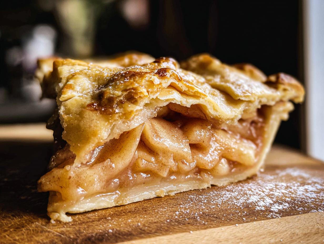 A close-up of a slice of Classic Apple Pie, showcasing a golden lattice crust and tender apple filling dusted with powdered sugar.