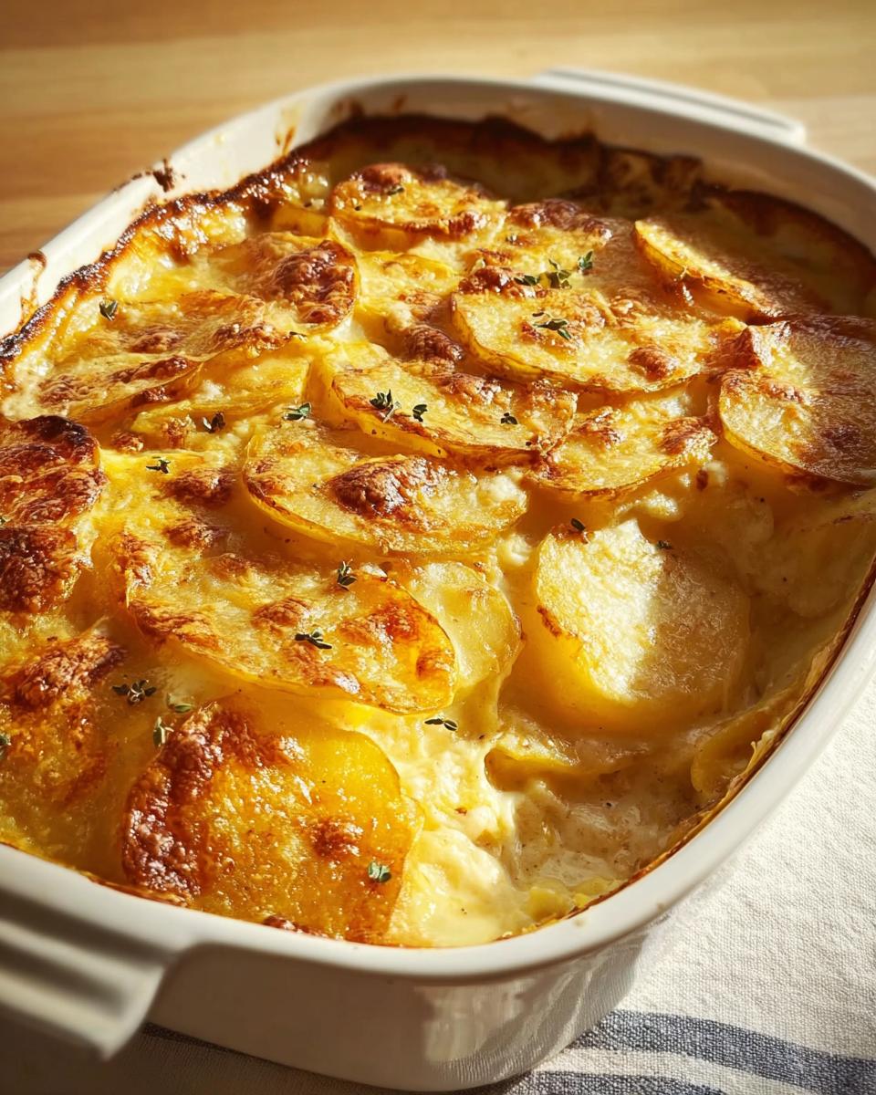 Close-up of classic Au Gratin Potatoes with a golden-brown, cheesy, baked top and fresh thyme garnish.