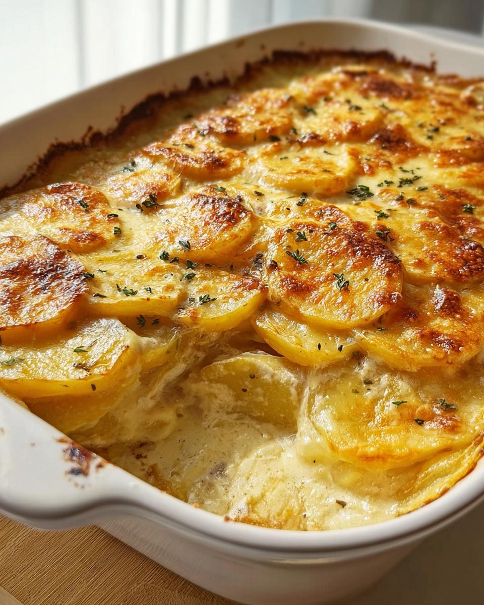 Close-up of creamy Au Gratin Potatoes baked in a white dish with a golden, bubbly, cheesy top.