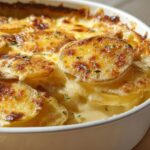 Close-up of classic Au Gratin Potatoes with a golden, bubbly cheese crust and fresh thyme.