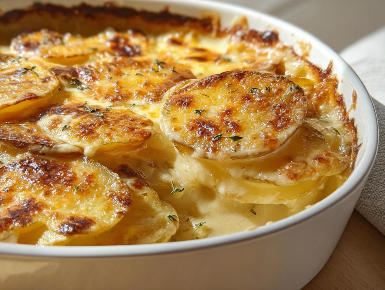 Close-up of classic Au Gratin Potatoes with a golden, bubbly cheese crust and fresh thyme.