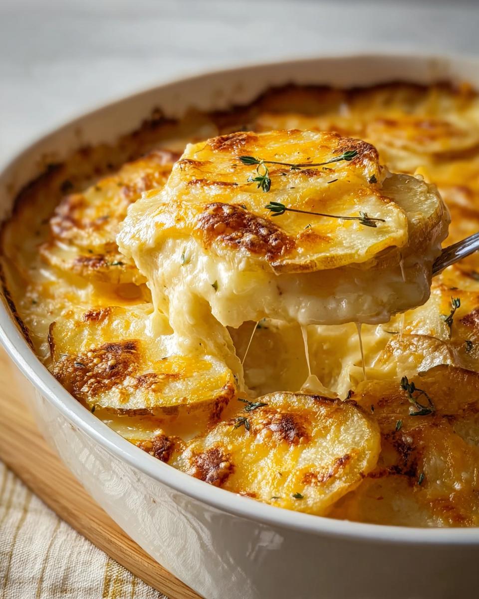 A serving spoon lifts a cheesy portion of classic Au Gratin Potatoes from a white baking dish.