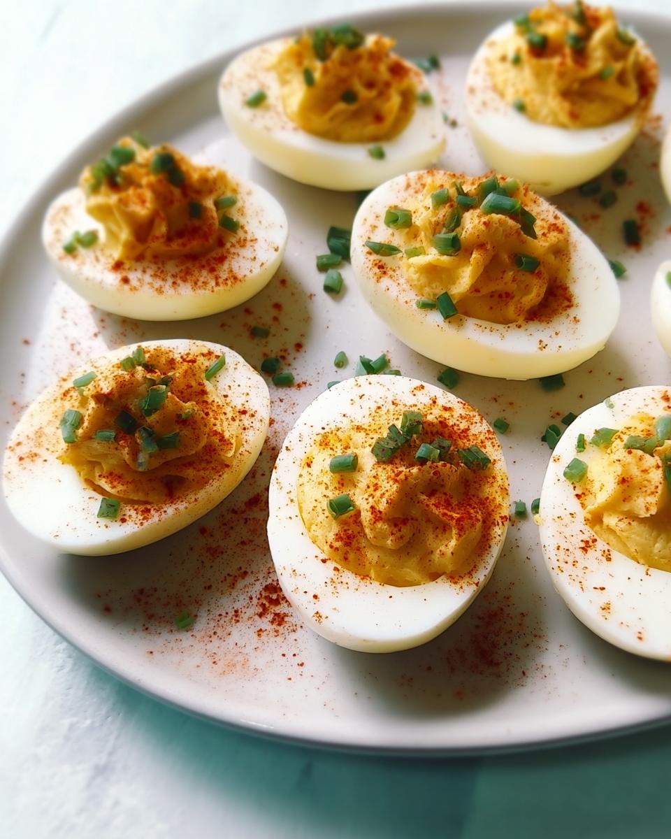 A close-up of several Classic Deviled Eggs garnished with paprika and fresh chives on a light plate.