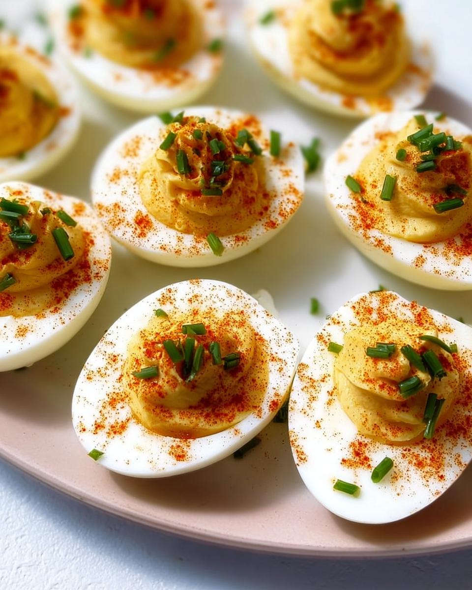 A close-up of perfectly piped Classic Deviled Eggs garnished with paprika and fresh chives on a light pink plate.