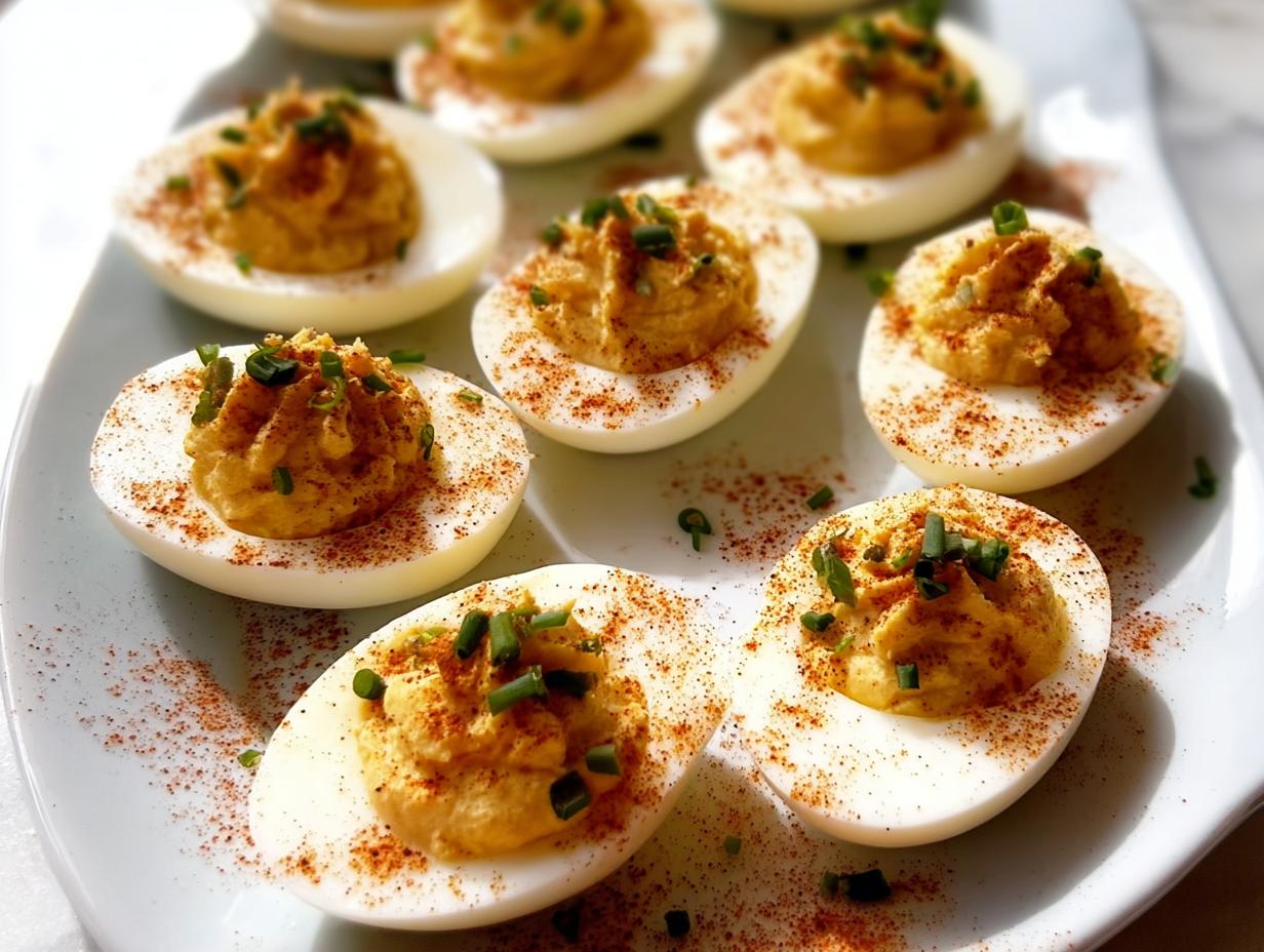 A platter of freshly made Classic Deviled Eggs, garnished with paprika and chopped chives.