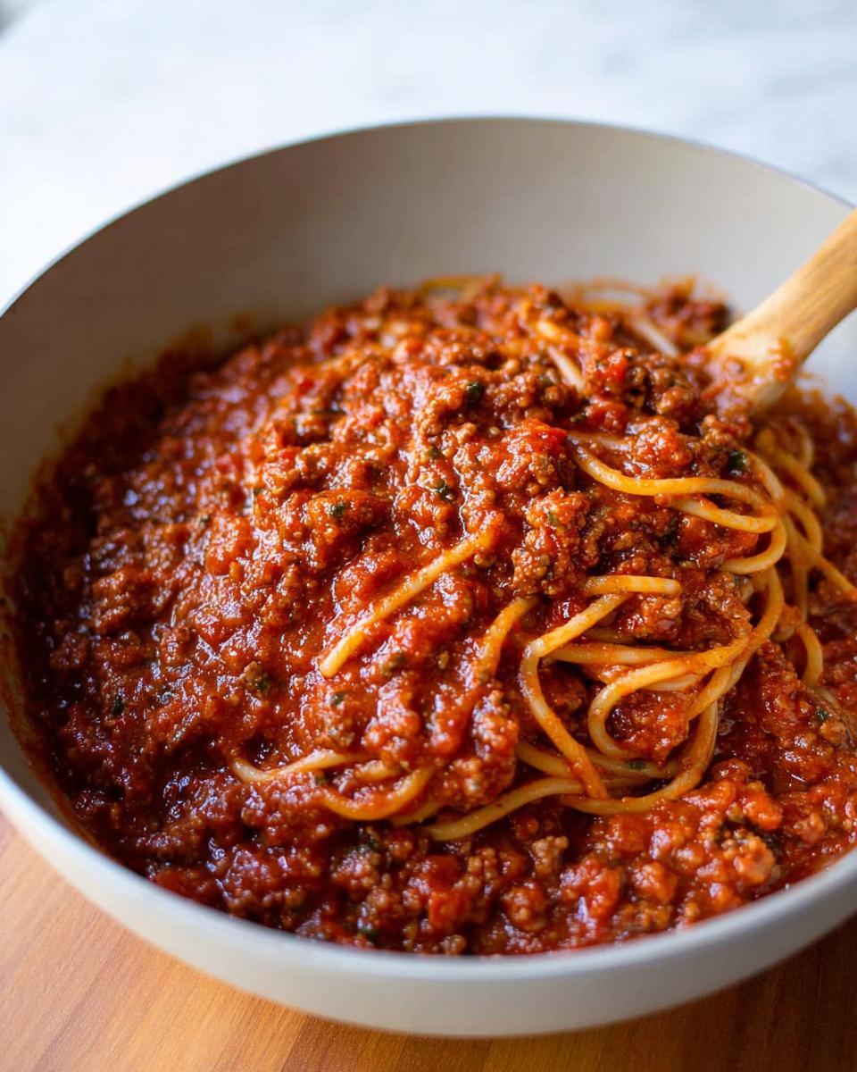A close-up of a bowl filled with Classic Spaghetti with Meat Sauce, with a wooden spoon lifting some pasta.