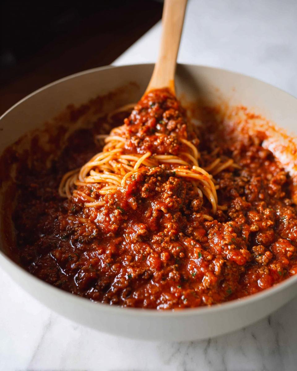 Close-up of Classic Spaghetti with Meat Sauce being stirred with a wooden spoon in a bowl.